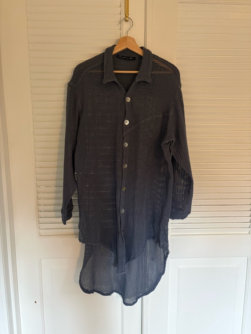 Long Open Weave Button-Down Shirt - Slate Blue